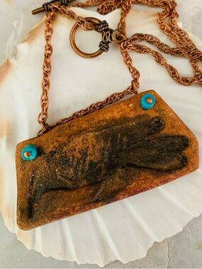 Rustic Terracotta Pendant Copper Necklace with Black Raven or Crow